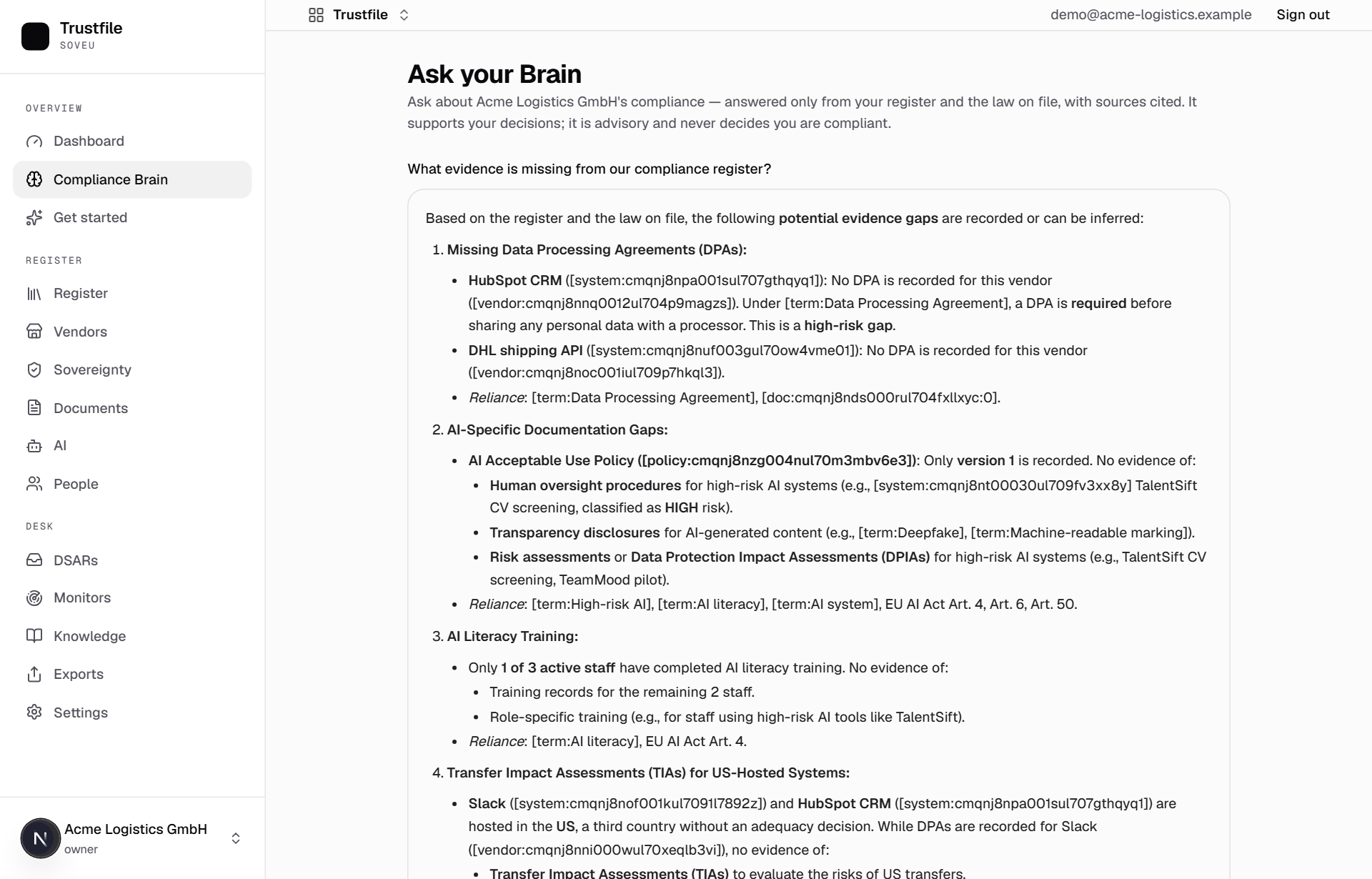 Ask SovEU — a cited answer grounded in the organisation's records and official guidance, shown as advisory guidance.