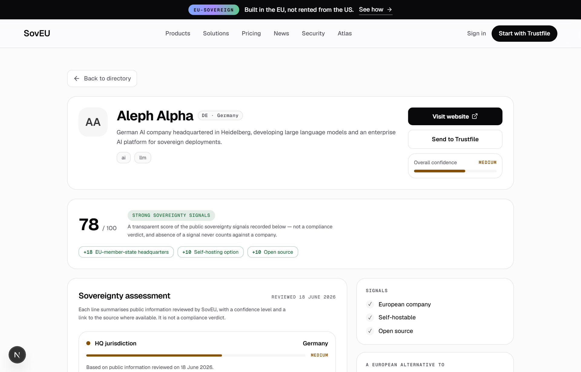 An Atlas company profile — ownership, hosting region, sovereignty score and the European alternatives.