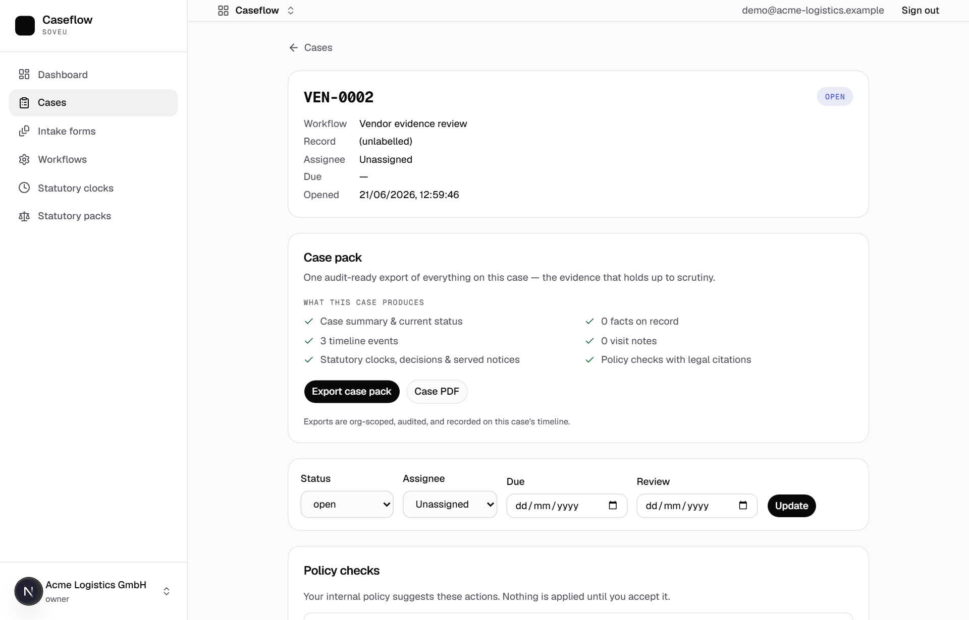 A Caseflow case detail — workflow and status, the audit-ready case pack, and policy checks with legal citations.